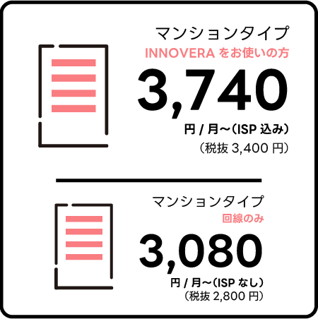 マンションタイプ(INNOVERAをお使いの方):3,740円/月~(ISP込み)・マンションタイプ(回線のみ):3,080円/月~(ISPなし)